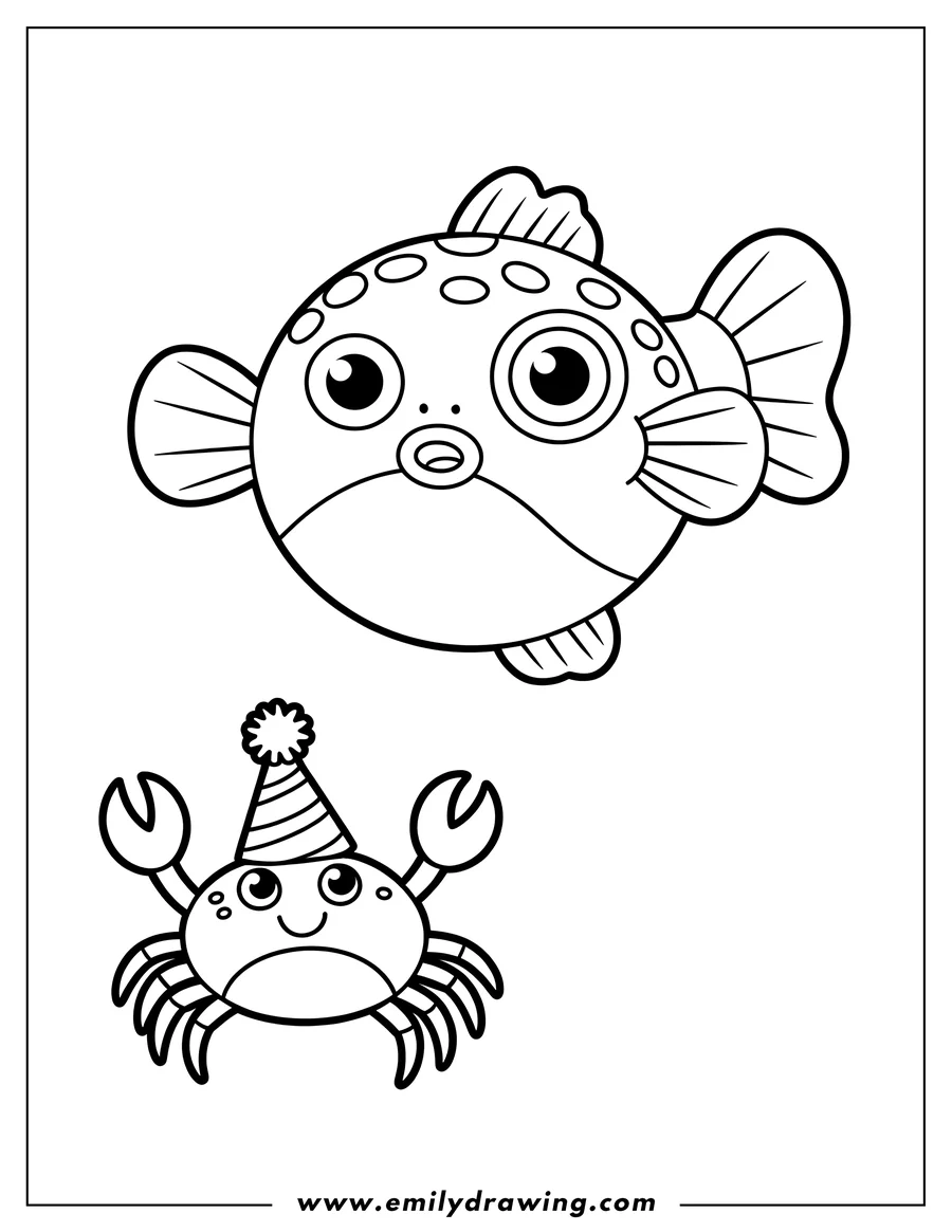 Outline of a pufferfish and a crab wearing a party hat.