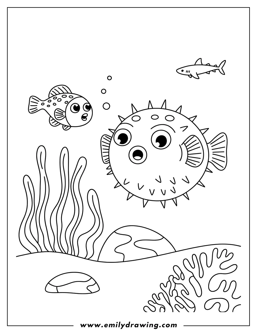 Line art of a pufferfish and a smaller spotted fish near a coral reef, with a small shark swimming above and seaweed swaying gently. An underwater scene ready for coloring.