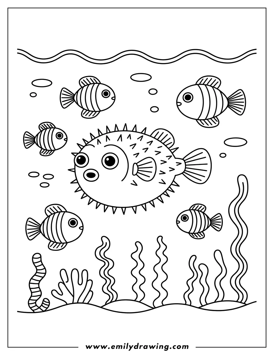 Outline of a pufferfish surrounded by smaller striped fish, seaweed, and coral on the ocean floor.