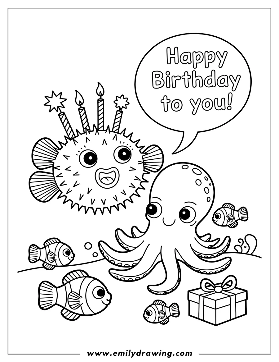 Line art of a pufferfish with birthday candles, an octopus with a gift, and small fish, celebrating a birthday underwater.