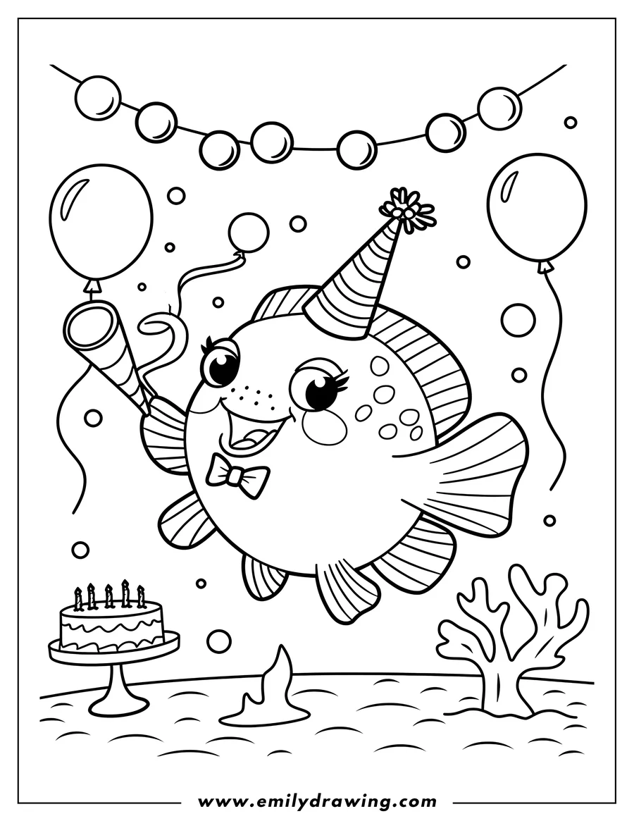 Line art of a pufferfish at a birthday party, wearing a party hat and bow tie, holding a noisemaker, with a birthday cake and balloons in the background.