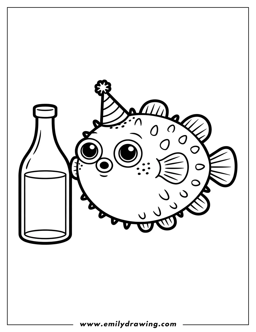 Outline of a pufferfish wearing a party hat next to a bottle.