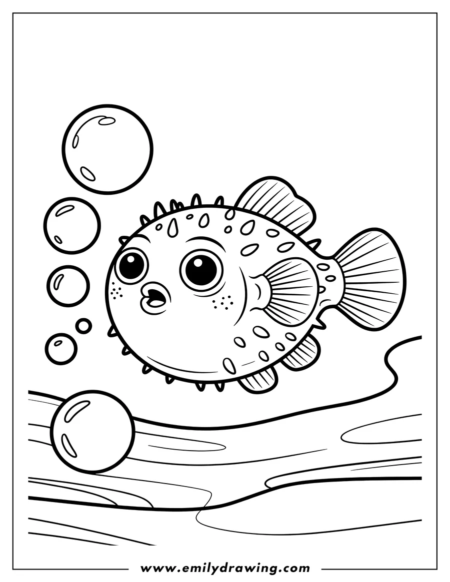 Outline of a pufferfish blowing bubbles underwater.