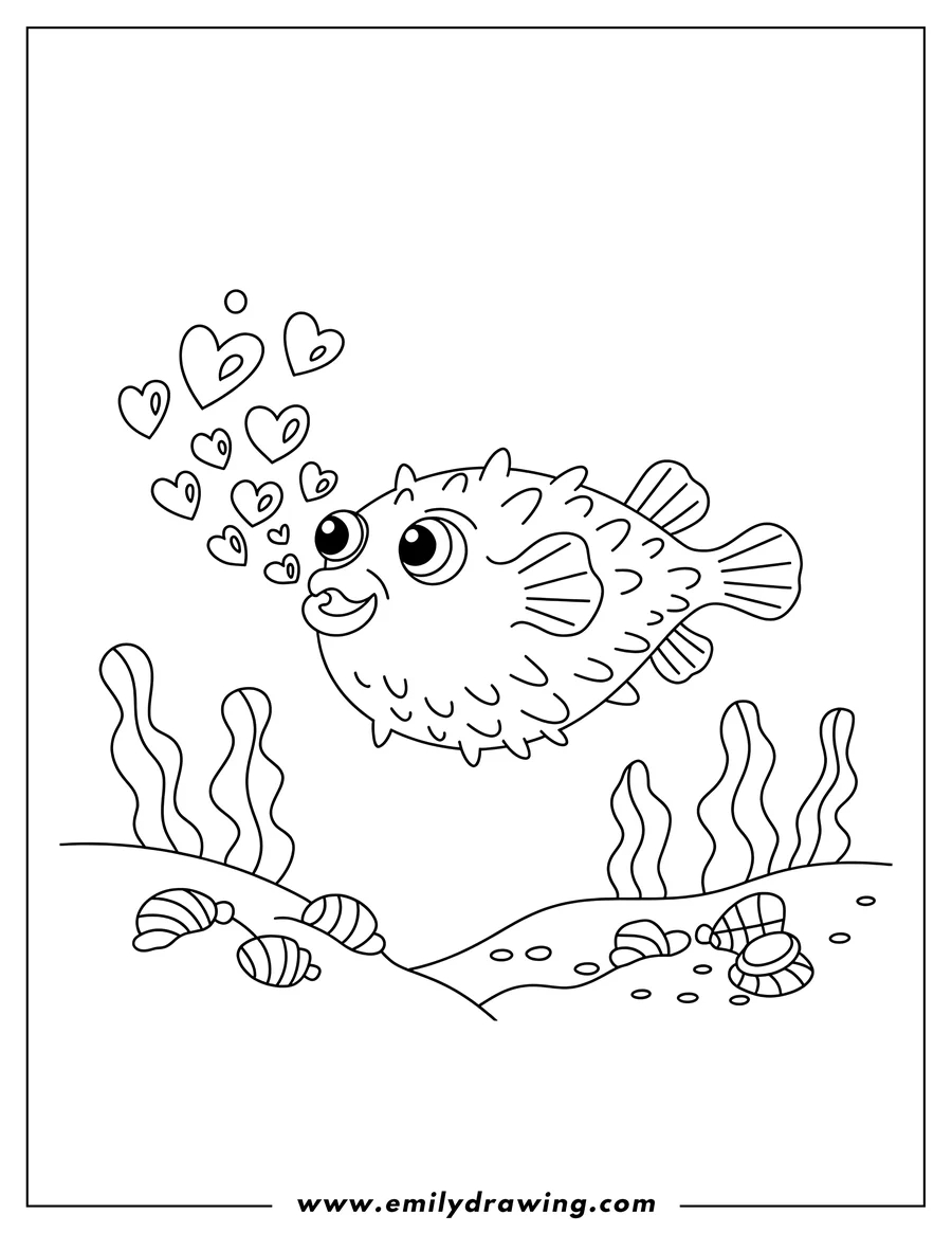 Outline of a pufferfish blowing hearts underwater. Several seashells are visible on the seabed below.