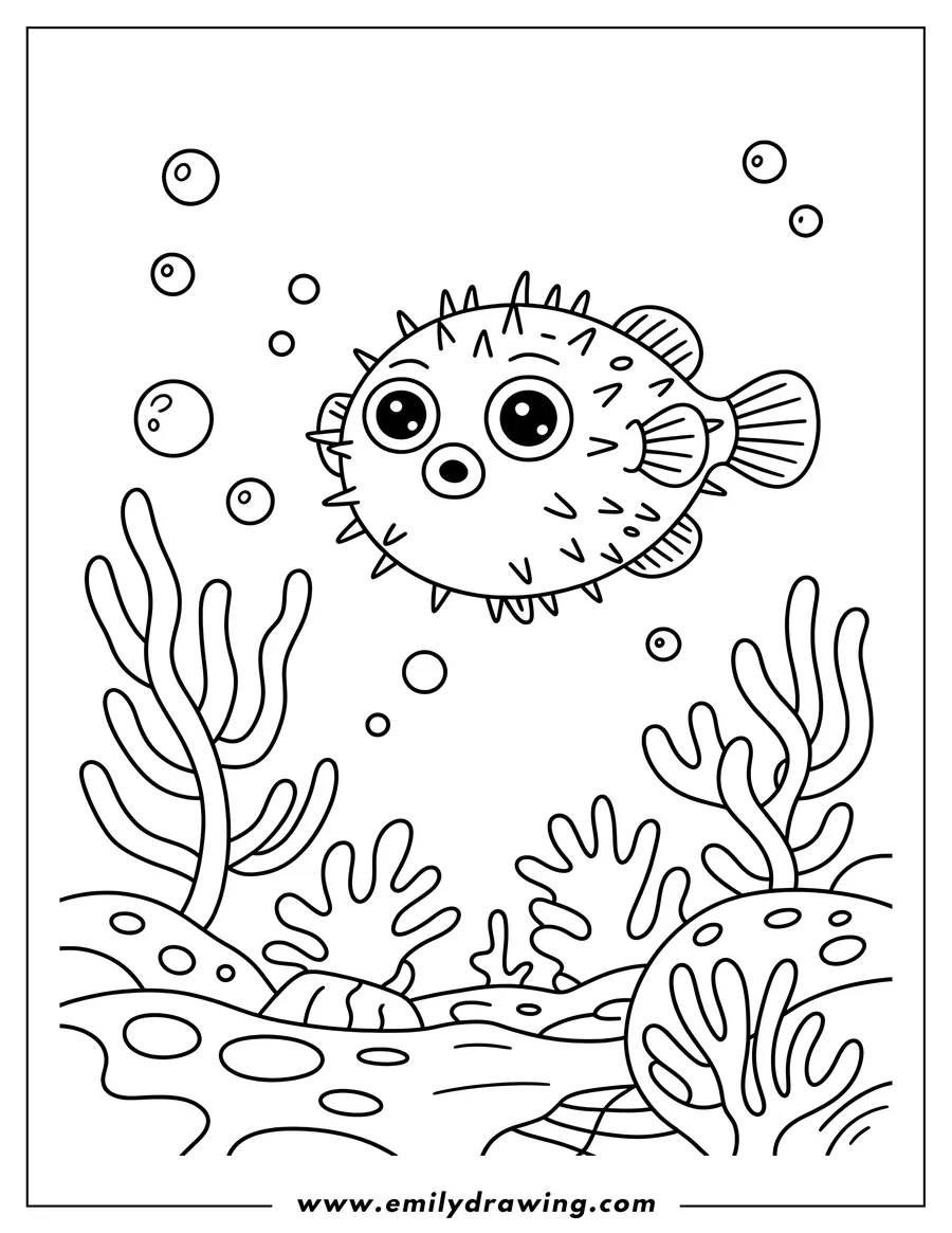 Outline of a pufferfish swimming amongst bubbles and seaweed.