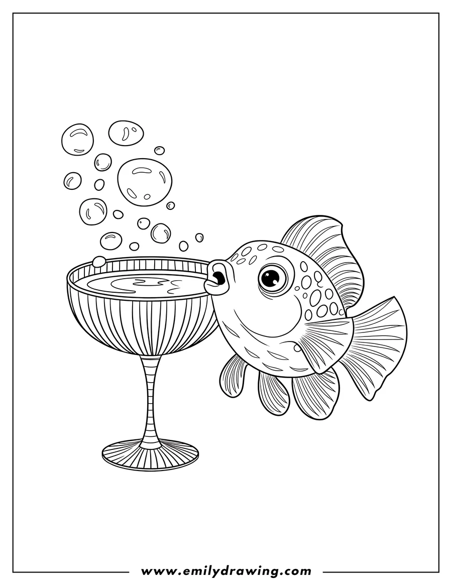 Line art of a pufferfish next to a fishbowl with bubbles rising from the water.