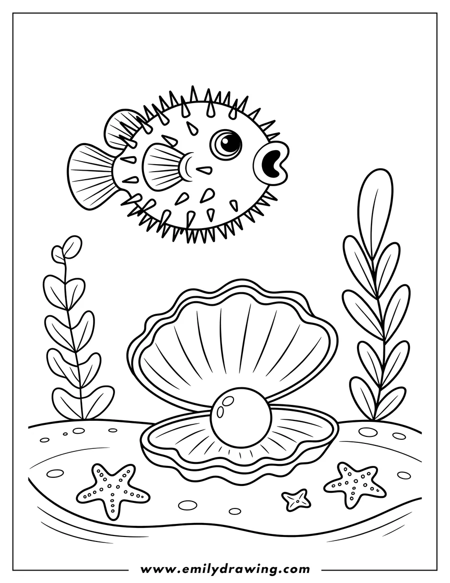 Outline of a pufferfish swimming over an open clam shell with a pearl inside. Two starfish and seabed details are included.