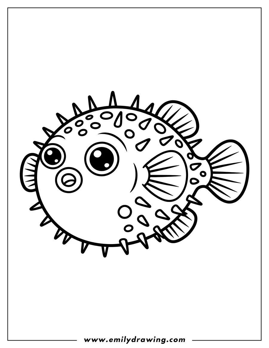 Outline of a pufferfish with large eyes, spines, and fins.