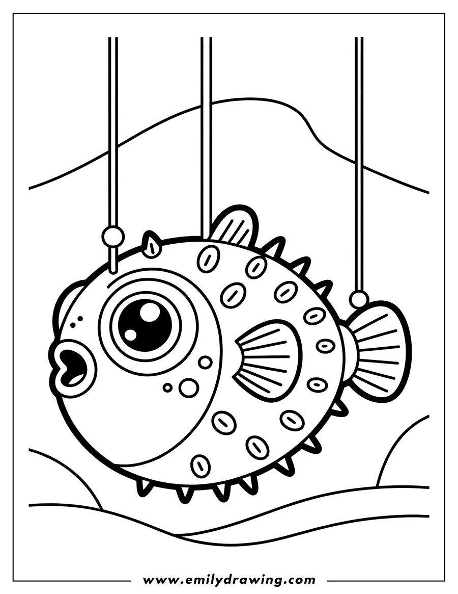Line art of a pufferfish hanging from strings against a simple wavy background.