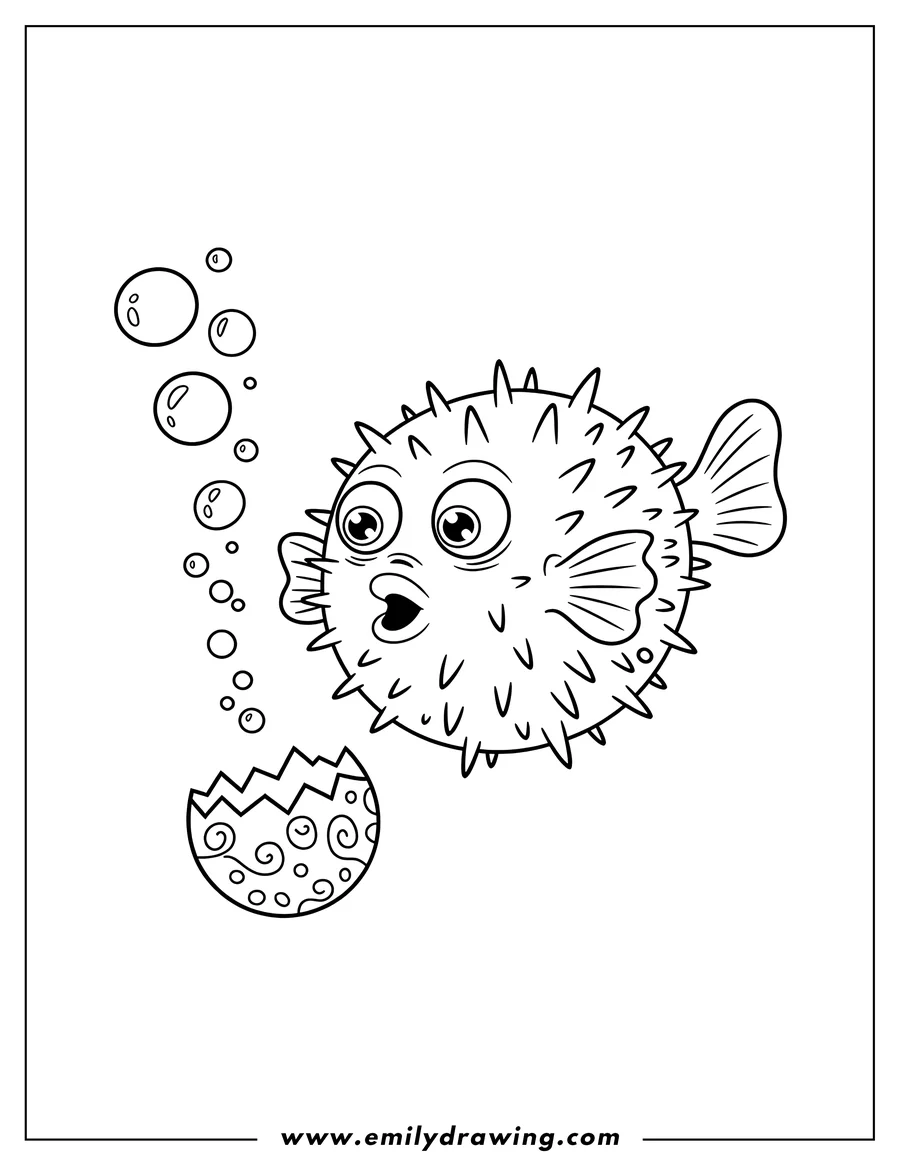Outline of a pufferfish hatching from a decorated egg, looking surprised with bubbles floating around it.