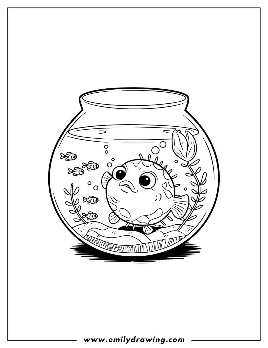Outline of a pufferfish in a fishbowl with small fish, a plant, and bubbles.
