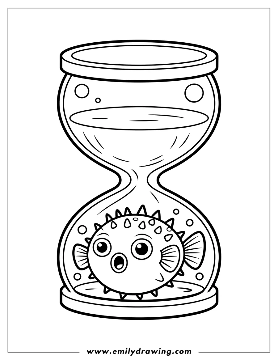 Outline of a pufferfish inside an hourglass shape with water at the bottom.