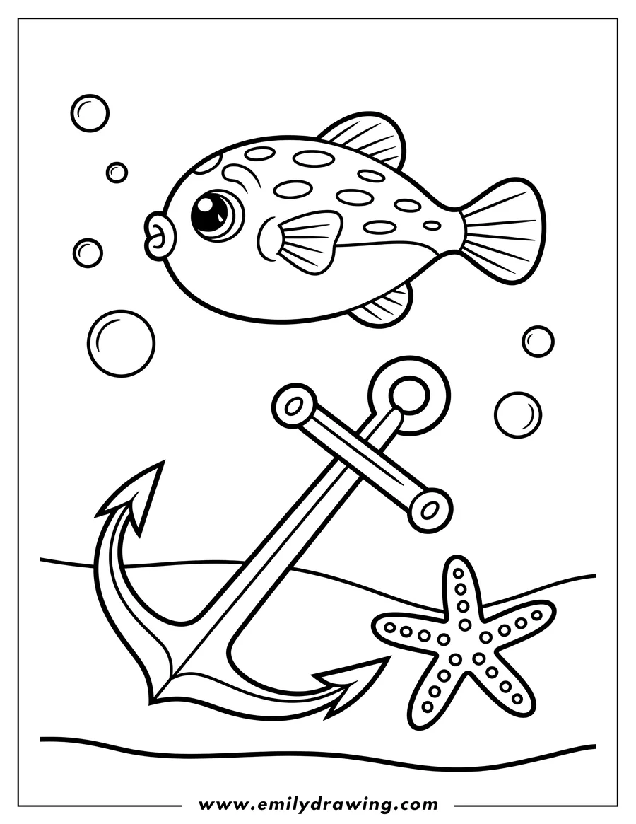 Line art of a pufferfish swimming above an anchor and a starfish on the ocean floor.