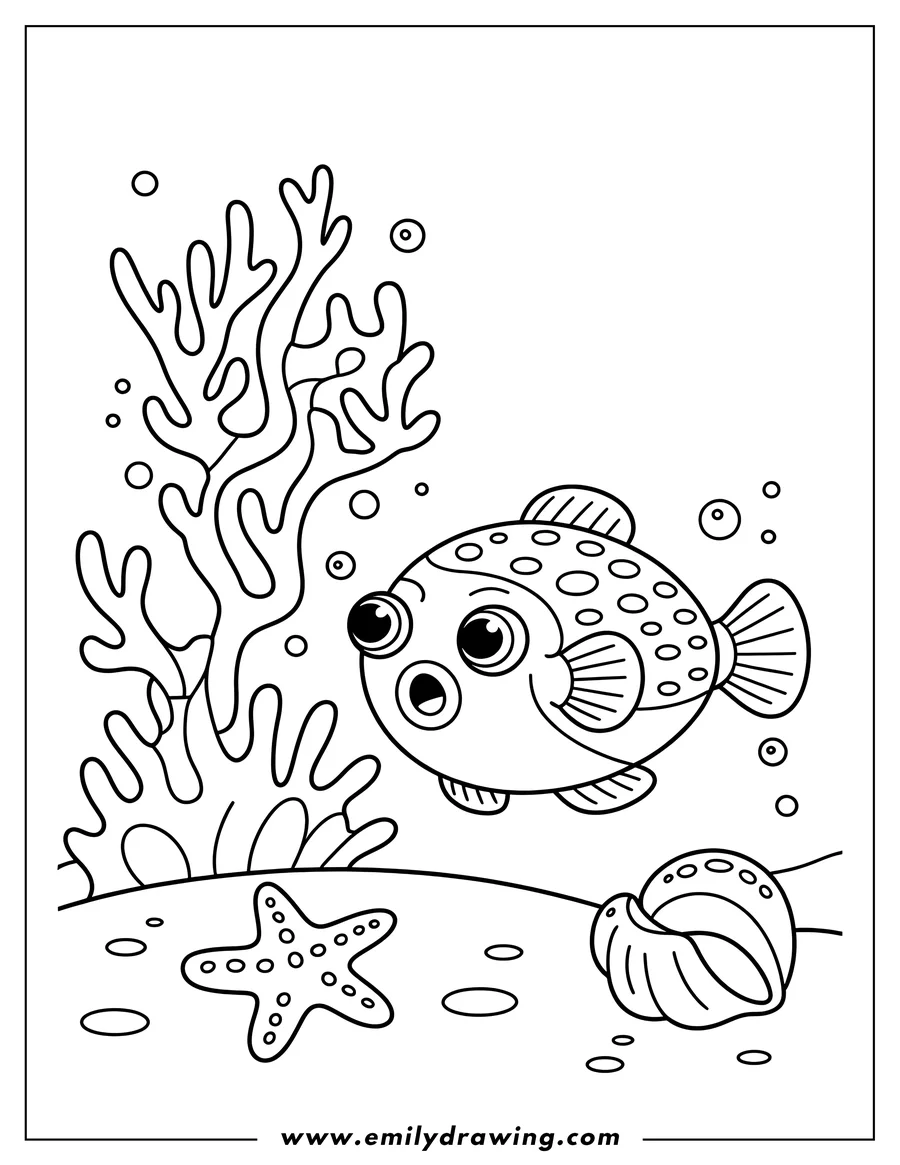 Outline of a pufferfish swimming near coral, a starfish, and a seashell.