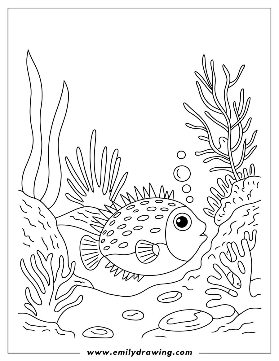 Outline of a pufferfish swimming near a coral reef with seaweed and bubbles.