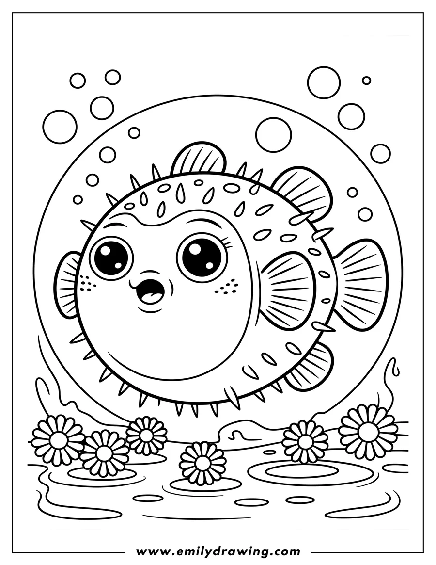 Outline of a pufferfish swimming near some flowers at the bottom of the water.