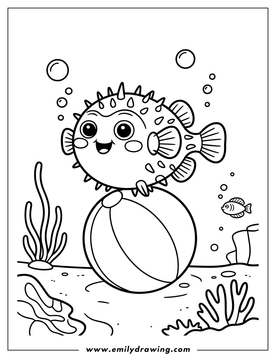 Outline of a pufferfish sitting on top of a beach ball underwater, surrounded by seaweed, coral, bubbles, and a smaller fish.