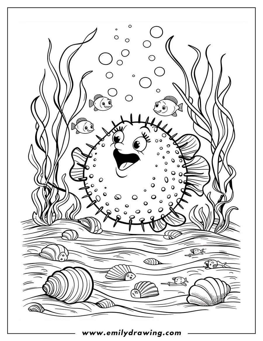 Line art of a pufferfish on the ocean floor, surrounded by seaweed, other fish, and shells. The pufferfish looks happy and has a spiky body.