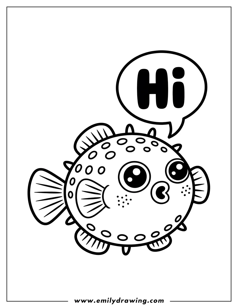 Outline of a pufferfish saying hi in a speech bubble.