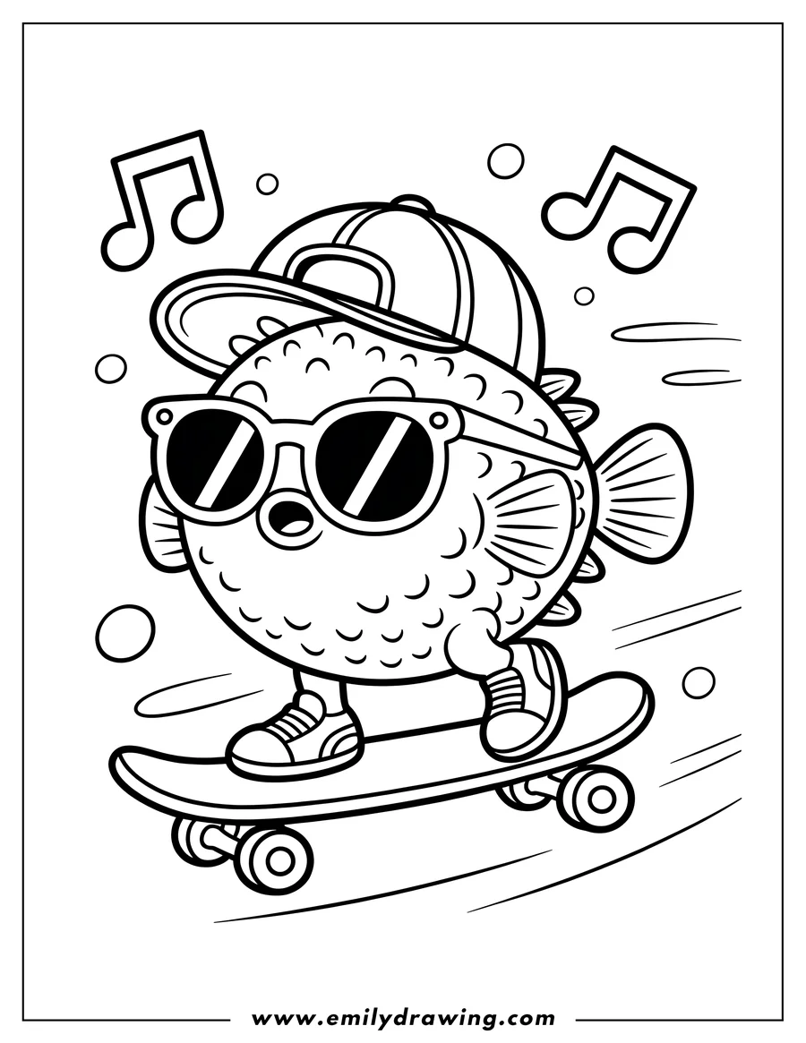 Outline of a pufferfish riding a skateboard. The pufferfish is wearing a baseball cap and sunglasses. Music notes float around it, suggesting it's listening to music.