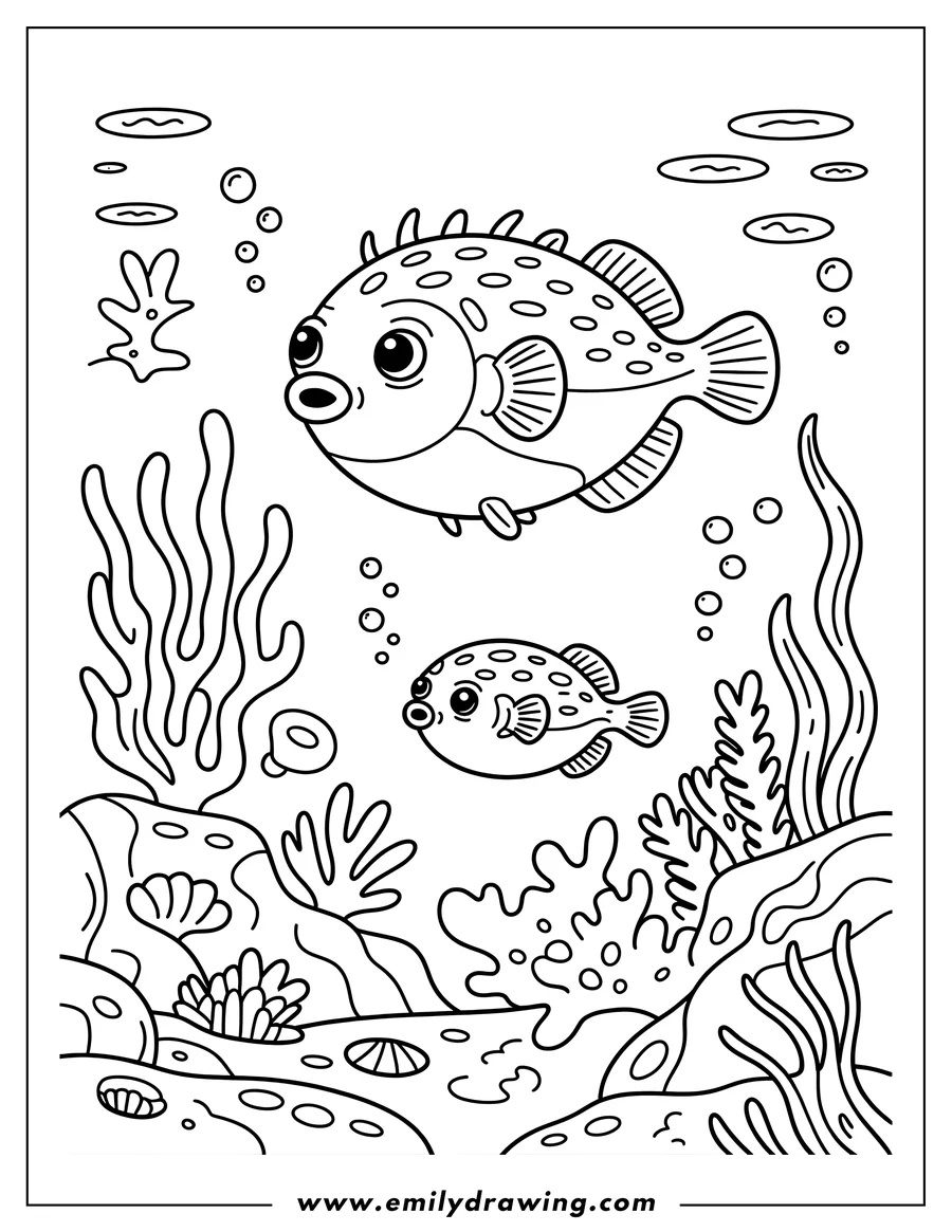 Two pufferfish swimming underwater amongst seaweed and coral. Perfect for a splash of color!