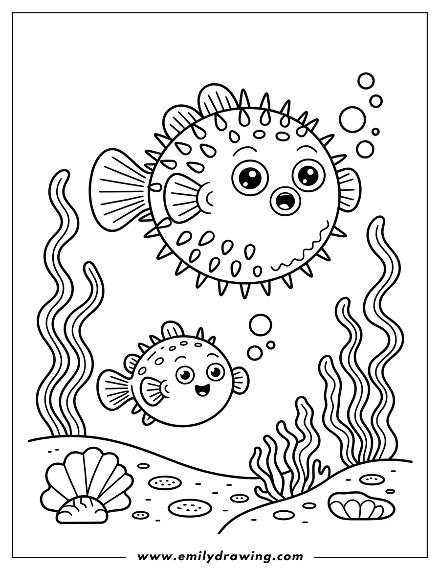 Two pufferfish swimming underwater amongst some seaweed and shells. One is inflated, and one is small.