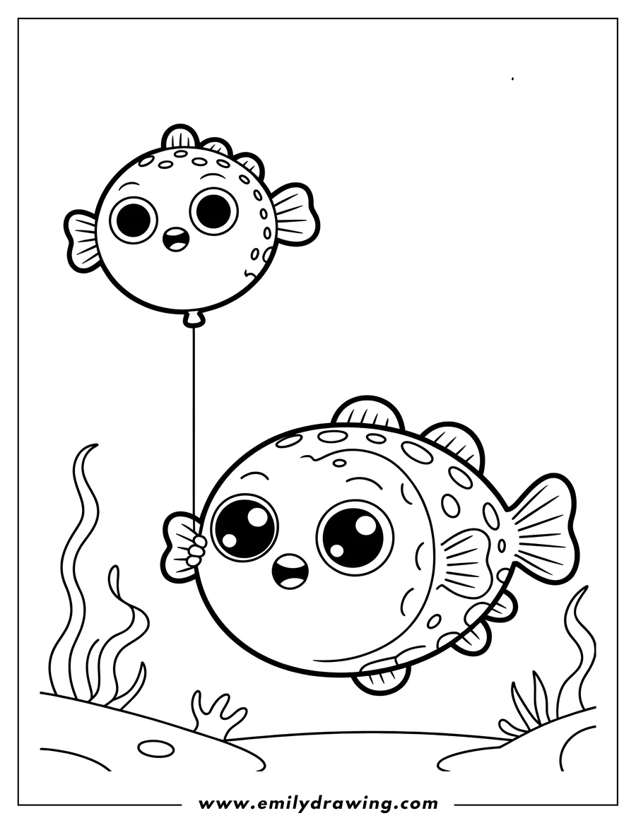 Outline of a pufferfish holding a balloon shaped like another pufferfish, underwater with seaweed.