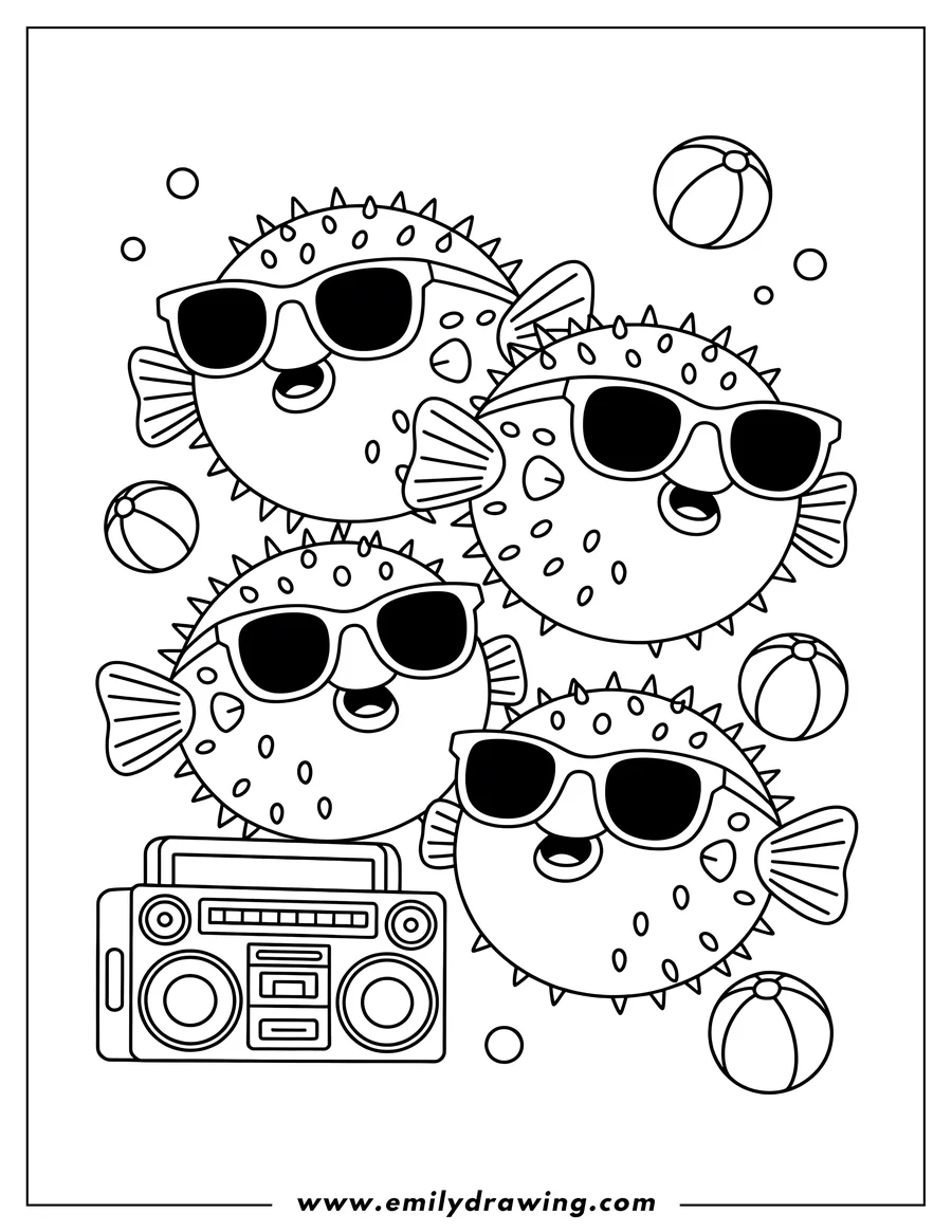 Outline of four pufferfish wearing sunglasses by a boombox, with beach balls floating nearby.
