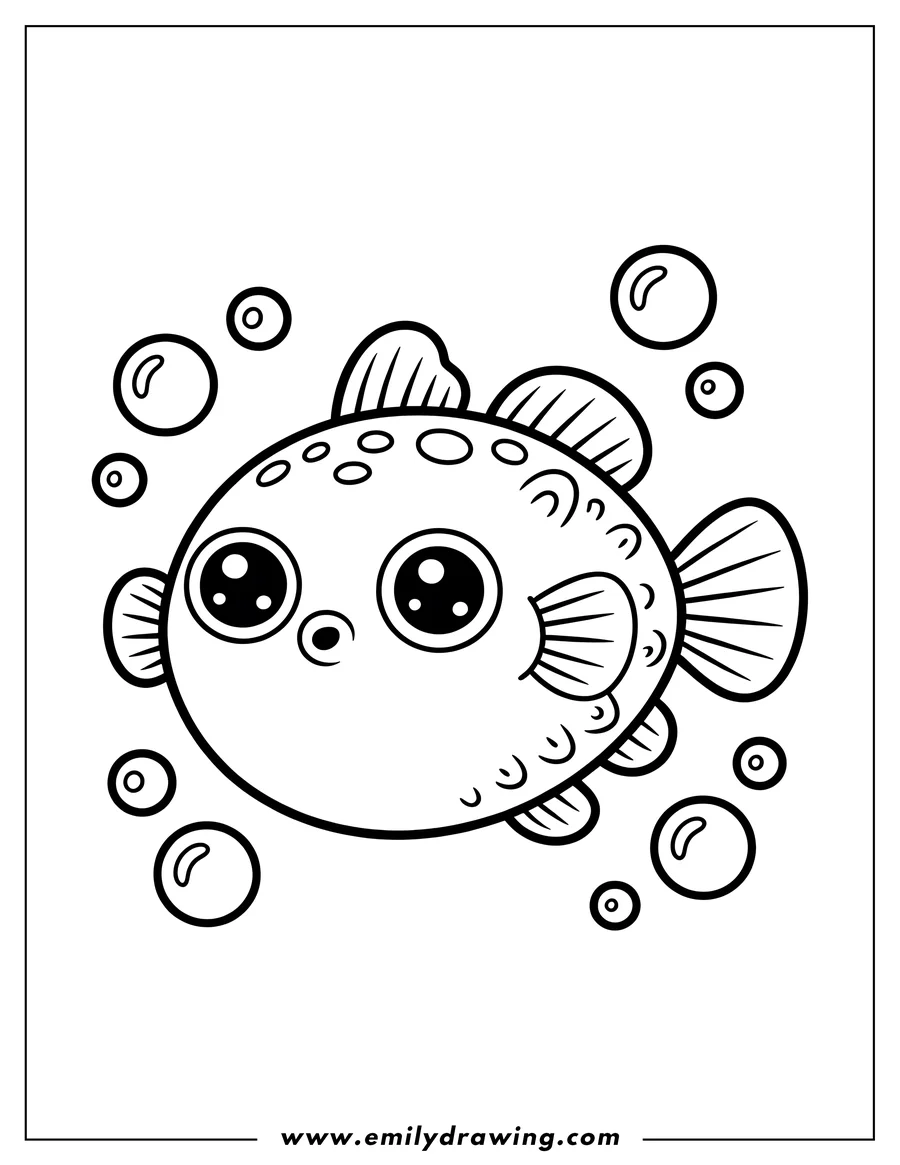Outline of a pufferfish surrounded by bubbles.