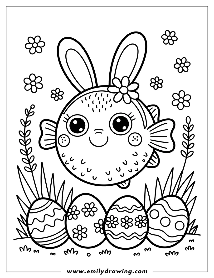 Outline of a pufferfish wearing bunny ears and a flower, sitting behind a group of decorated Easter eggs.