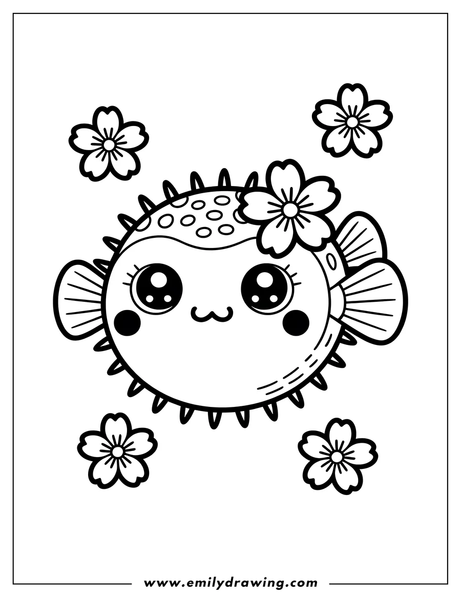 Outline of a pufferfish surrounded by four simple flowers. The pufferfish has large, expressive eyes and a flower tucked behind one fin.