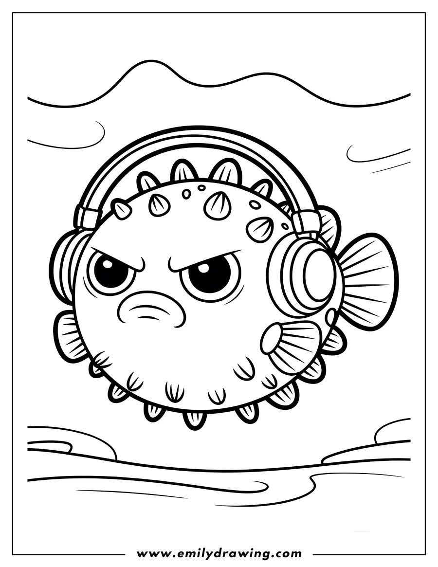 Outline of a pufferfish wearing headphones, floating in the water.