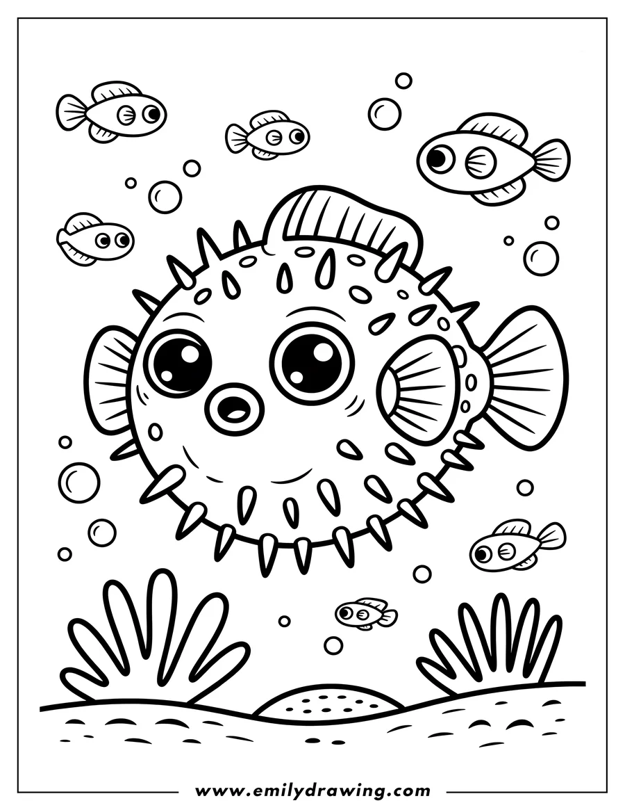Outline of a pufferfish with little fish swimming around it underwater, near seaweed and the seabed.