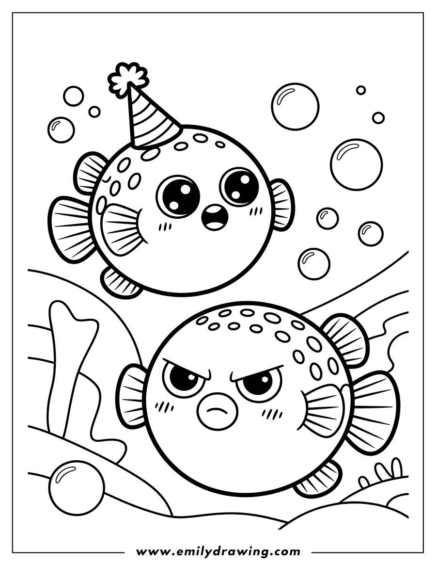 Outline of two pufferfish underwater. One pufferfish wears a party hat and appears cheerful, while the other has a grumpy expression.