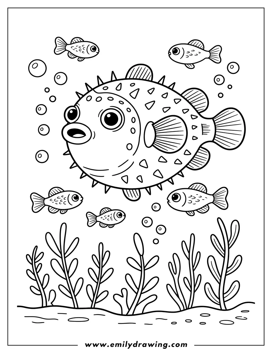 Outline of a pufferfish surrounded by small fish, with seaweed at the bottom.