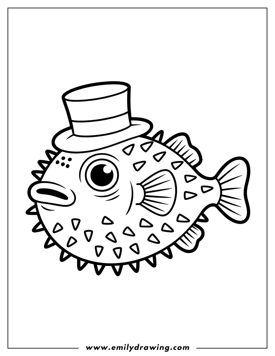 Outline of a pufferfish wearing a striped top hat. It has a spiky body and a large eye.