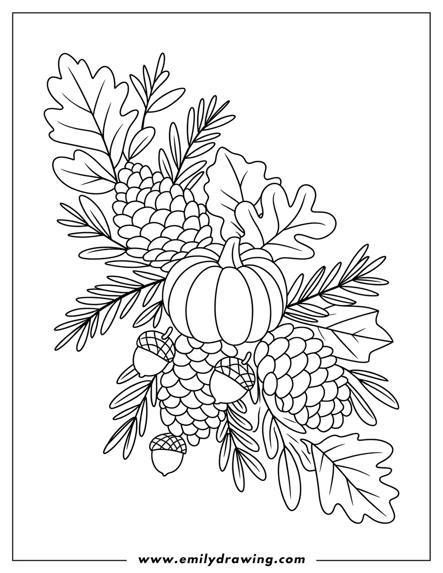 Outline of a pumpkin surrounded by pine cones, acorns, and fall leaves.