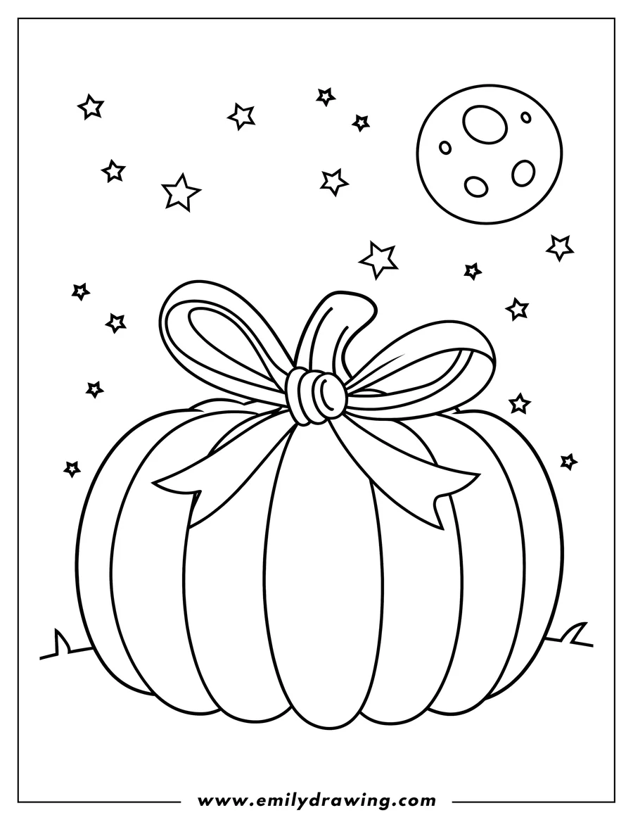 Outline of a pumpkin with a bow on it underneath the moon and stars.