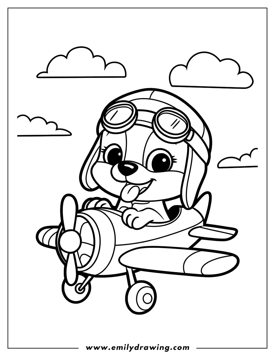 Line art of a puppy wearing aviator goggles and flying a small plane among fluffy clouds.