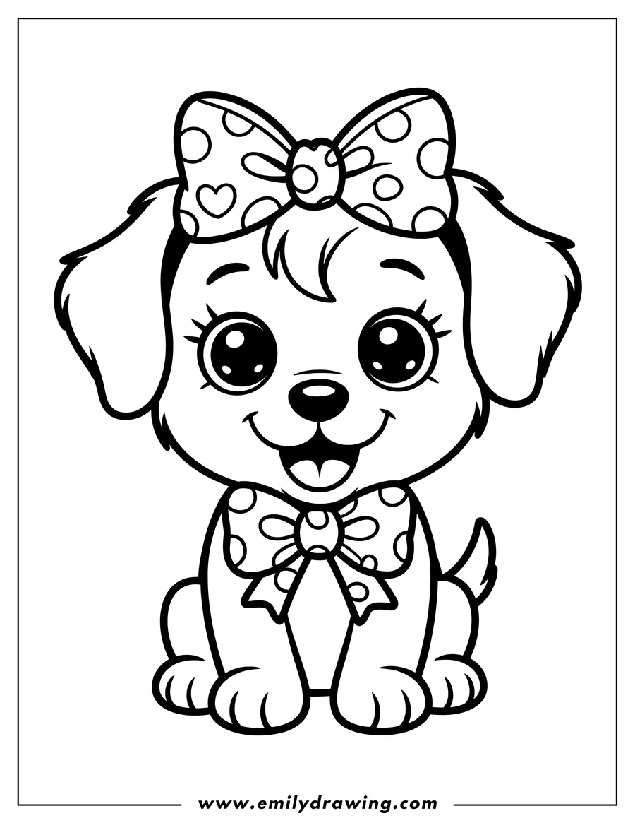 Outline of a puppy wearing two polka-dotted bows, one on its head and one around its neck.