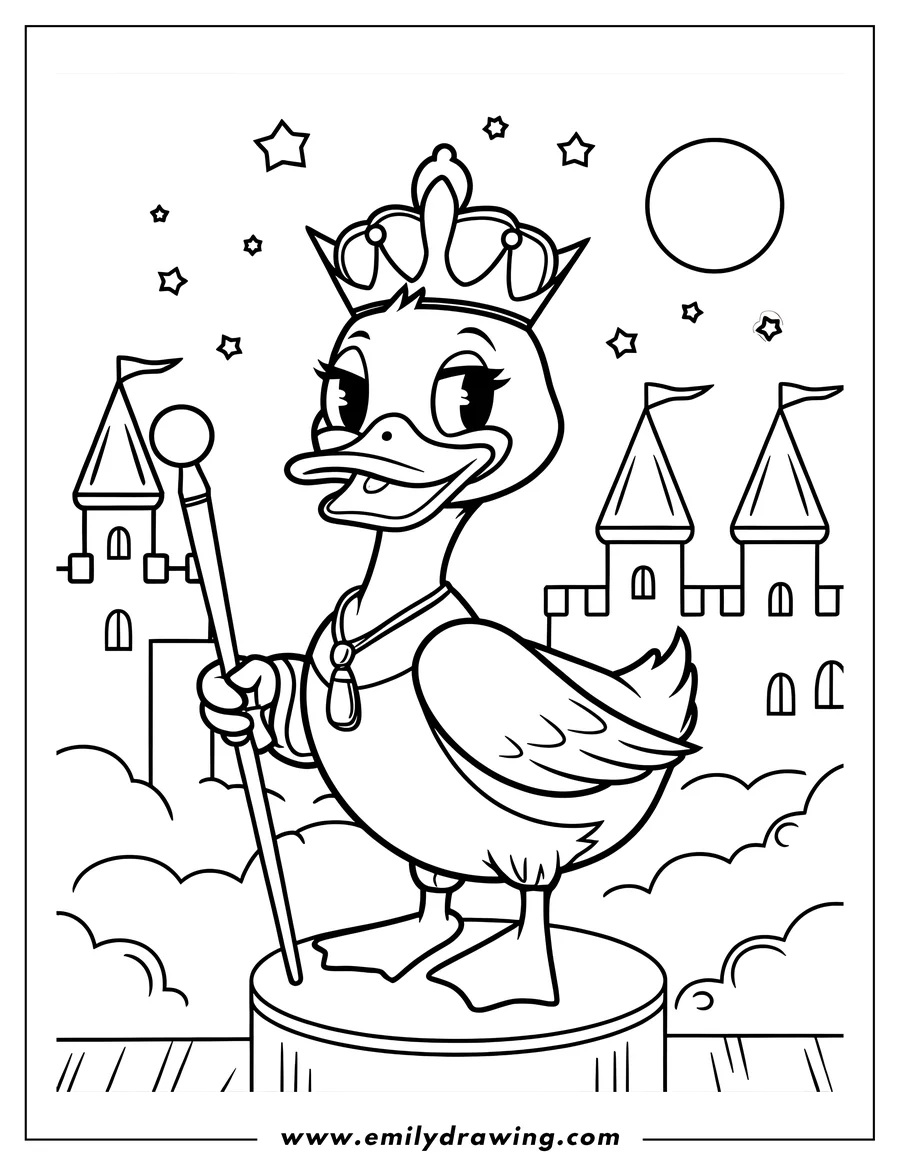 Outline of a queen duck holding a scepter with a castle, moon, and stars in the background.