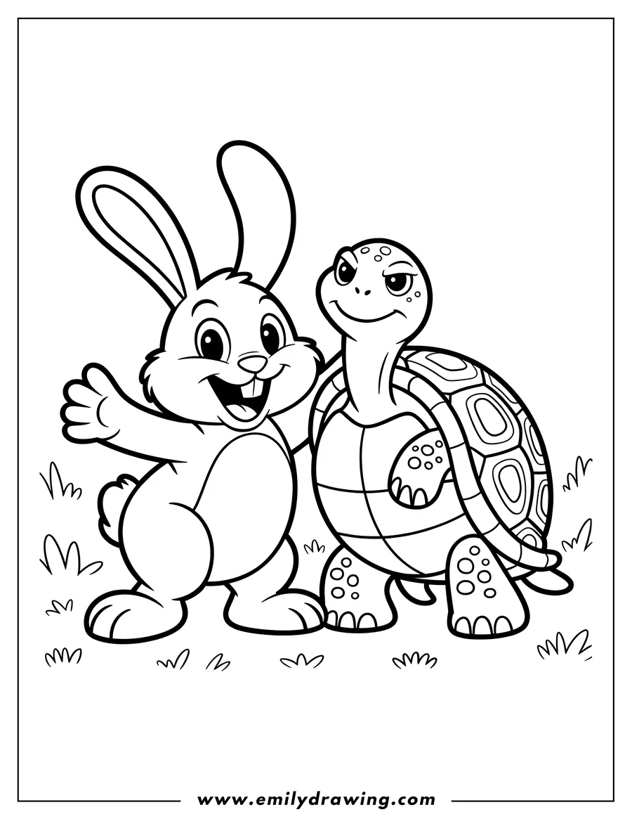 Outline of a friendly rabbit waving and a confident turtle standing side by side.
