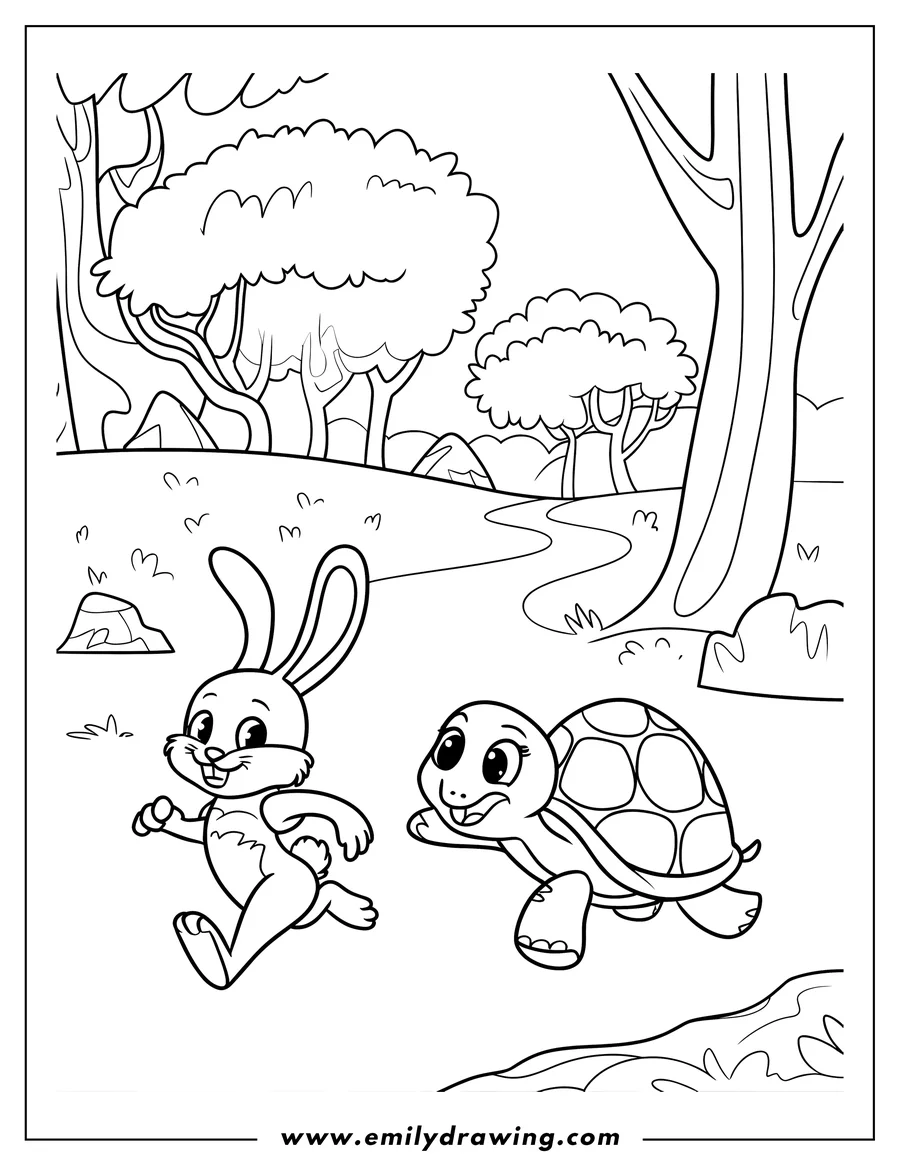 Outline of a rabbit and turtle racing in a field near trees. The rabbit is in the lead, and the turtle looks determined. It's a scene from the Tortoise and the Hare story.