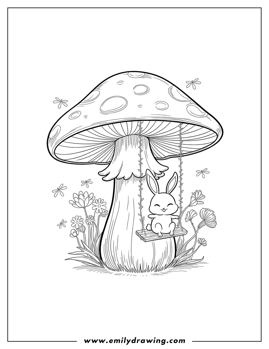Outline of a rabbit sitting on a swing hanging from a large mushroom, surrounded by small flowers and grass.