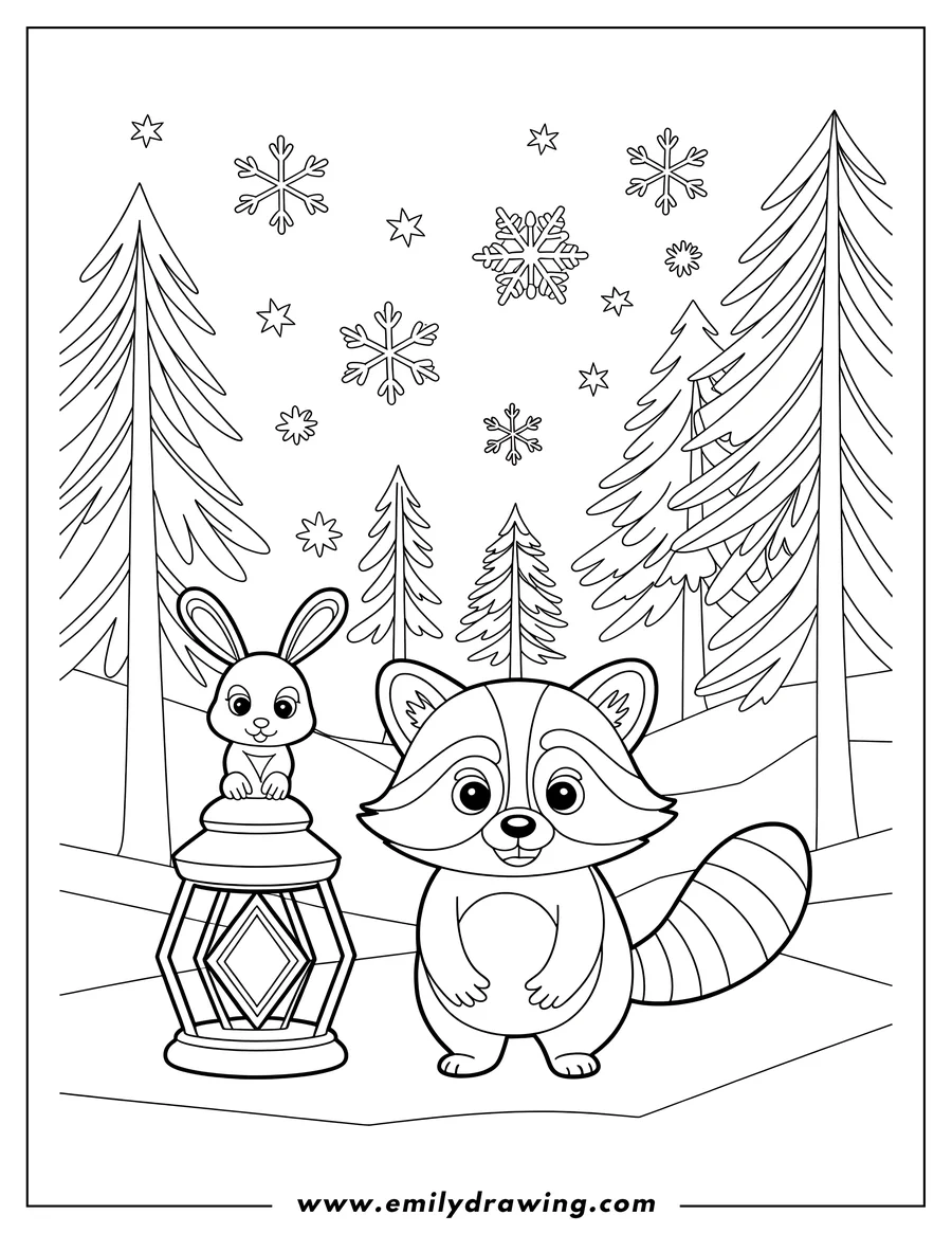 Outline of a raccoon and bunny in a snowy forest. The bunny sits on a decorative lantern, and snowflakes are falling around them. Several pine trees are visible in the background.