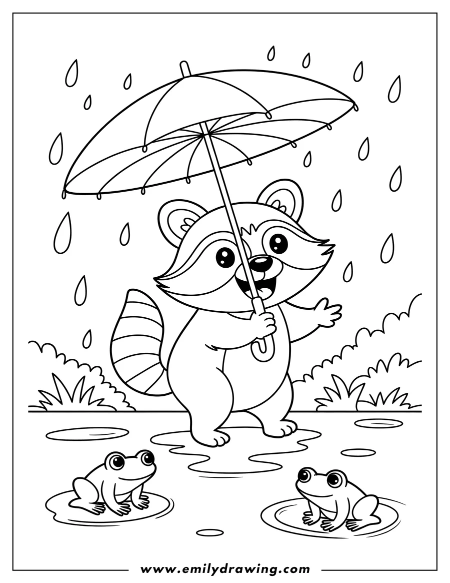 Outline of a raccoon holding an umbrella in the rain, standing near two frogs on lily pads.