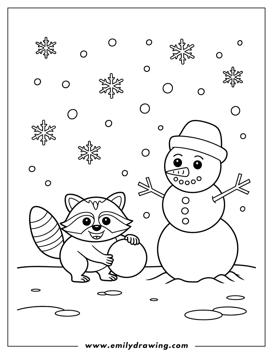 Line art of a raccoon rolling a large snowball next to a snowman, with snowflakes falling around them.