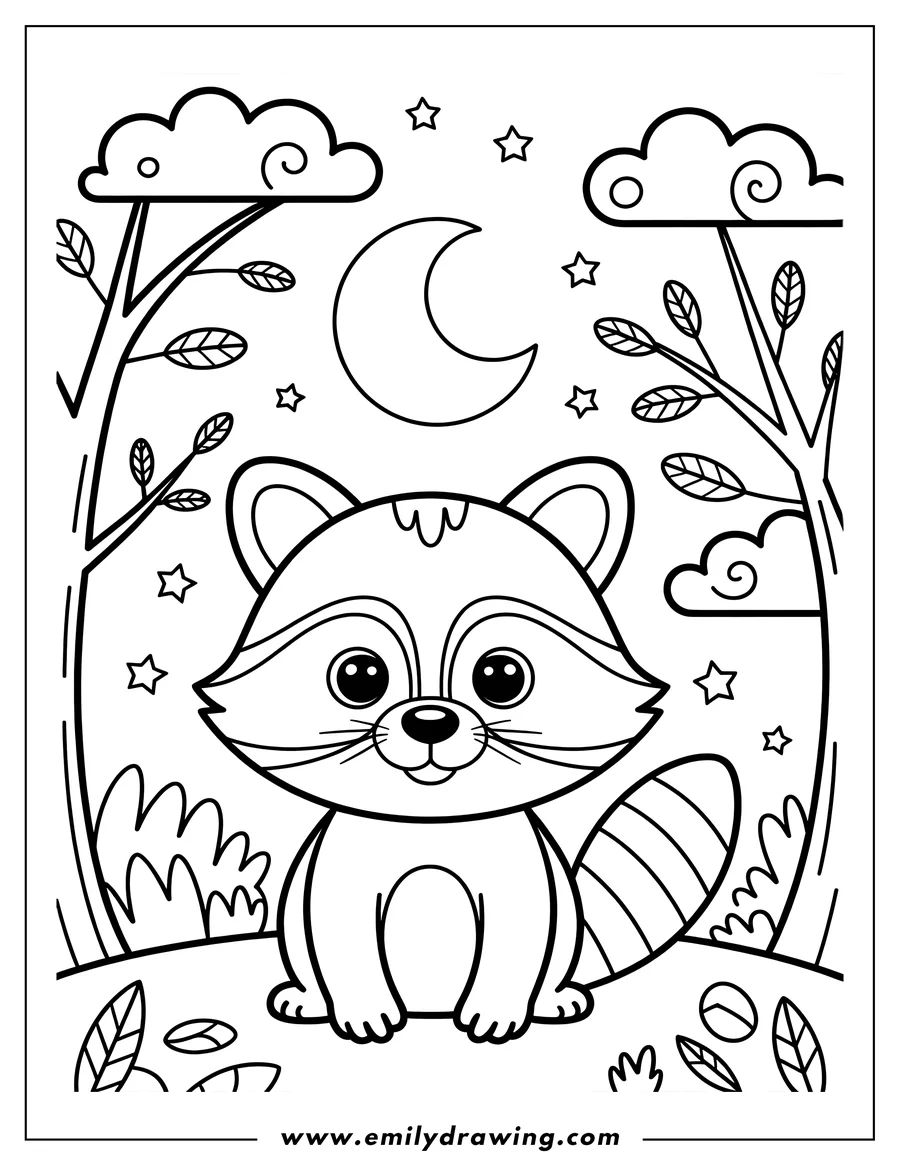 Outline of a raccoon sitting at night with the moon and trees behind it.