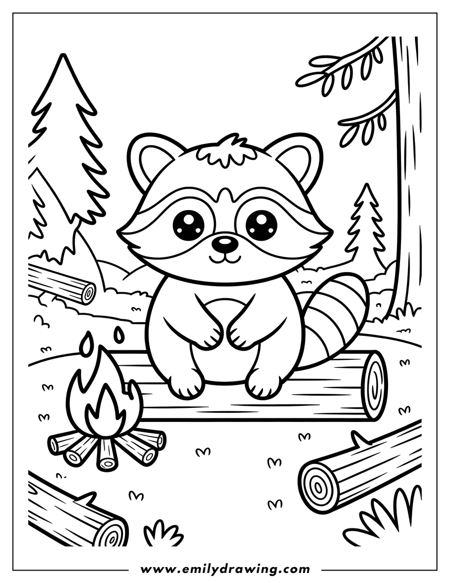 Outline of a raccoon sitting on a log by a campfire in a forest setting.