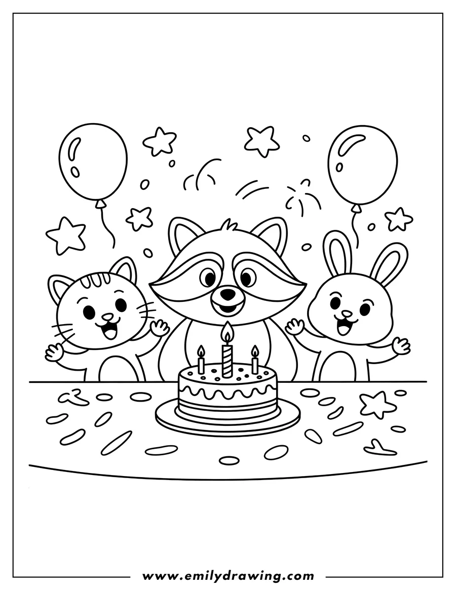 Outline of a raccoon, cat, and rabbit celebrating at a birthday party. There are balloons, confetti, and a cake with candles on the table.